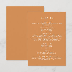 Butterscotch coördinaat bruiloft details informatiekaartje