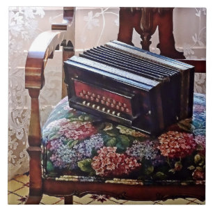 Button accordeon op stoel met bloemrijke stoel tegeltje