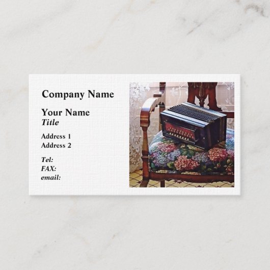 Button accordeon op stoel met bloemrijke stoel visitekaartje (Voorkant)