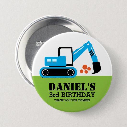 Button Blauwe graafmachine Kinder bouwpartij (Voorkant /achterkant)