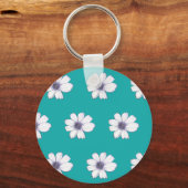 Button blauwgroen bloempatroon sleutelhanger (Voorkant)