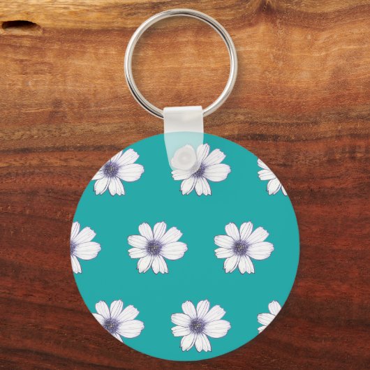 Button blauwgroen bloempatroon sleutelhanger (Voorkant)