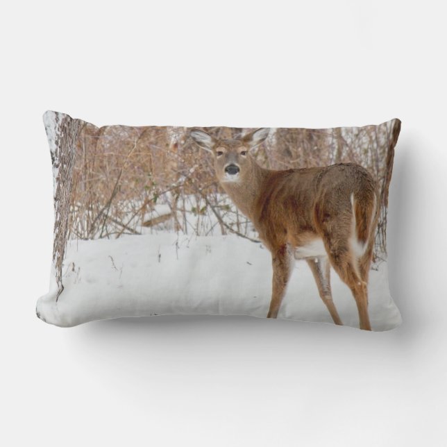 Button Buck Deer in Winter White Snowy Field Kussen (Voorkant)