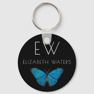BUTTON KEYRNG : BLAUWE BUTTERFLES SLEUTELHANGER