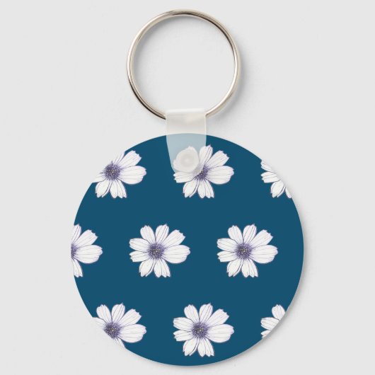 Button met blauw bloempatroon sleutelhanger (Voorkant)