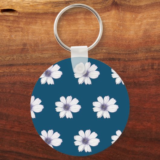 Button met blauw bloempatroon sleutelhanger (Voorkant)