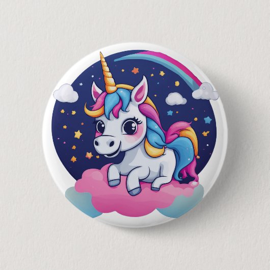 Button met Fantasie Eenhoorn op Roze Wolk (Voorkant)