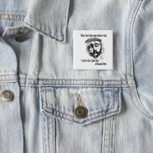 Button met het hoofd van Christus en gezegde. (In situ)