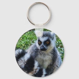Button met ringstaartmaki – unieke dierenprint sleutelhanger