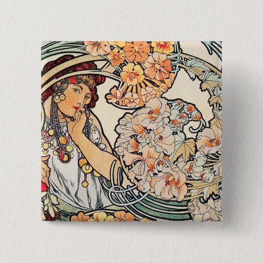 Button: Mucha - Taal van Bloemen Vierkante Button 5,1 Cm (Voorkant)