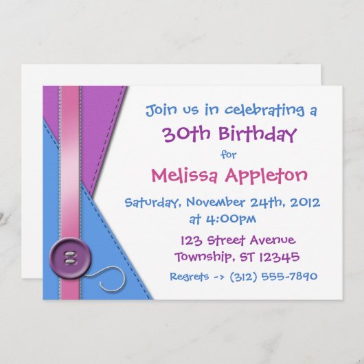 Button ~ Paarse, blauwe en roze uitnodiging (Voorkant / Achterkant)