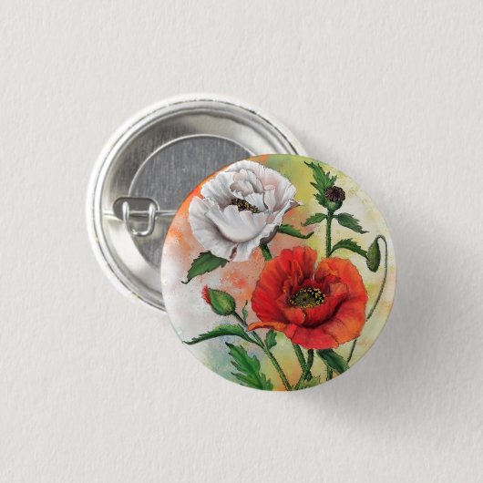 Button rode witte papavers - schilderen (Voorkant /achterkant)