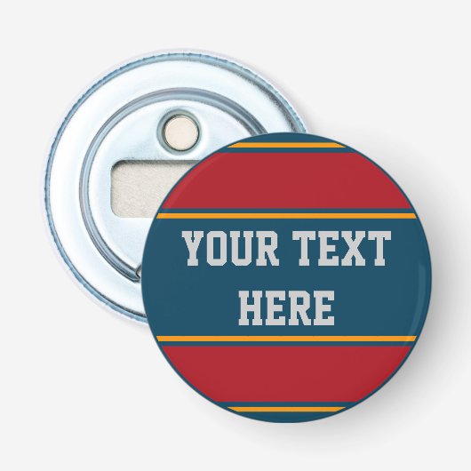 BUTTON ROND streept blauw rood sinaasappel + uw id Flesopener (Voorkant)