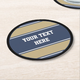 BUTTON ROND strepen blauwe beige grijs + jouw teks Ronde Kartonnen Onderzetter