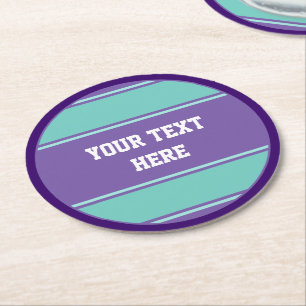 BUTTON ROND strepen vioolcyaan + jouw tekst Ronde Kartonnen Onderzetter