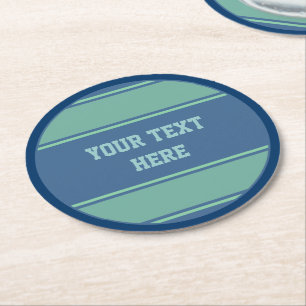 BUTTON ROUND streept oceaanblauw groen + jouw teks Ronde Kartonnen Onderzetter