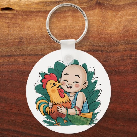 Button Sleutelhanger | Chloe Baby knuffelt de haan (Achterkant)