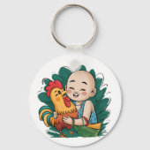 Button Sleutelhanger | Chloe Baby knuffelt de haan (Achterkant)