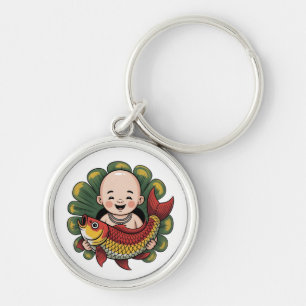 Button Sleutelhanger   Schattigee jongen met Lucky