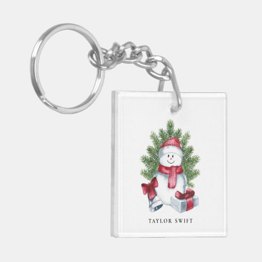 Button Sleutelhanger | Square Christmas Snowman (Voorkant Links)