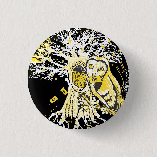 Button – Urban Tree Owl & Wealth Surreal Pop-Art  (Voorkant)
