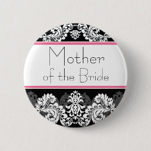 Button van de roze en zwarte Damask Wedding Party