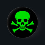 Button voor groene en zwarte schedel en kruisgrate<br><div class="desc">Zwart knoppen met een helder geel-groene schedel en een crossbones design.</div>