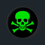Button voor groene en zwarte schedel en kruisgrate<br><div class="desc">Zwart knoppen met een helder geel-groene schedel en een crossbones design.</div>