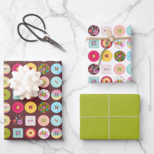  Buttonnen met bloemen en pooldots Inpakpapier Vel