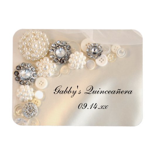 Buttonnen met witte parel en diamant Quinceañera Magneet (Horizontaal)