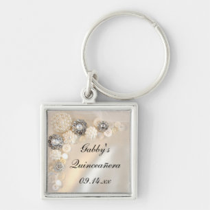 Buttonnen met witte parel en diamant Quinceañera Sleutelhanger