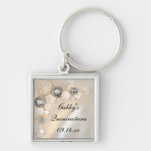 Buttonnen met witte parel en diamant Quinceañera Sleutelhanger (Voorkant)