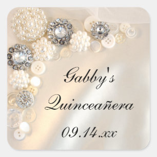 Buttonnen met witte parel en diamant Quinceañera Vierkante Sticker