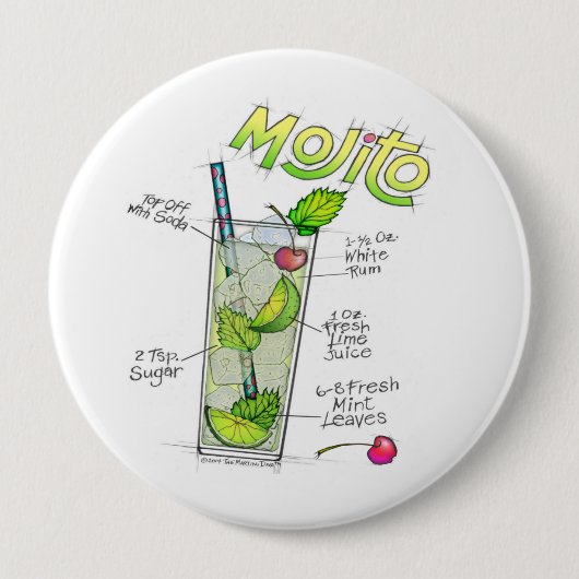 Buttonnen - MOJITO RECIPE COCKTAIL ART Ronde Button 4,0 Cm (Voorkant)
