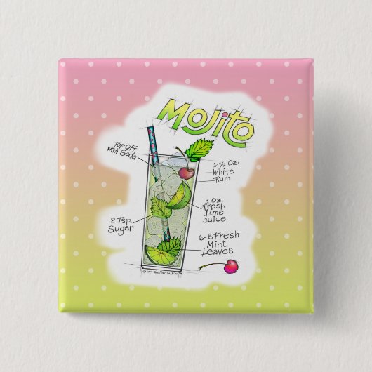 BUTTONNEN - MOJITO RECIPE COCKTAIL ART VIERKANTE BUTTON 5,1 CM (Voorkant)