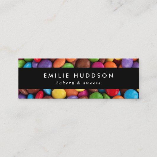 Buttonnen van snoep, zoet, keukenkrabber, banketba mini visitekaartje (Voorkant)