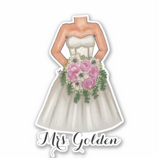 Buurdenbruid met roze Bouquet van Bloemen Sticker (Voorkant)