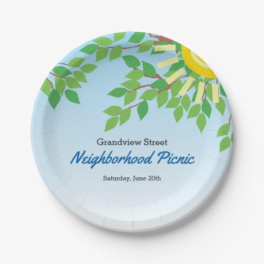 Buurt Picknick Groene Bladeren en Zon Papieren Bordje (Voorkant)