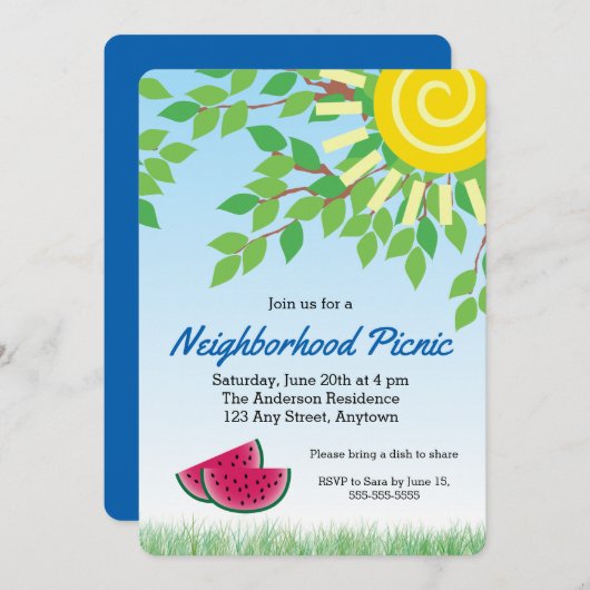 Buurt Picknick Invitati met Watermeloen & Zon Kaart (Voorkant / Achterkant)