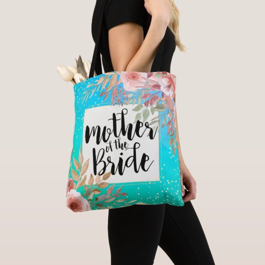 Buwmoeder van de Bride Pink Floral Blauwgroen Gold Tote Bag (Dichtbij)