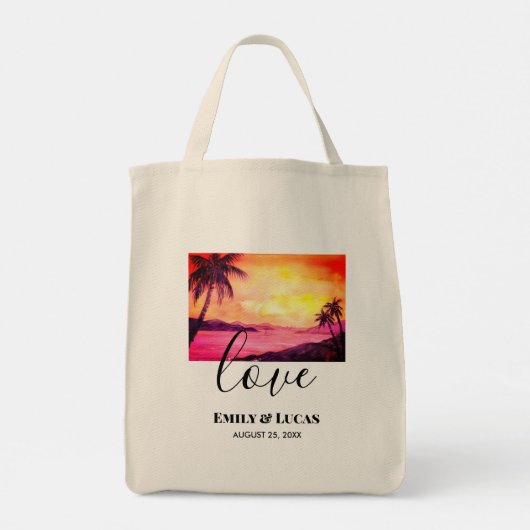 Buwthema Tropische strand Sunset Waterverf Tote Bag (Achterkant)