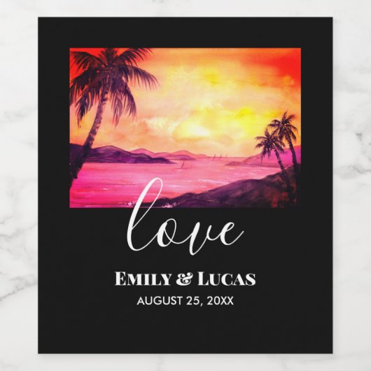 Buwthema Tropische strand Sunset Waterverf Wijn Etiket (Enkel label)