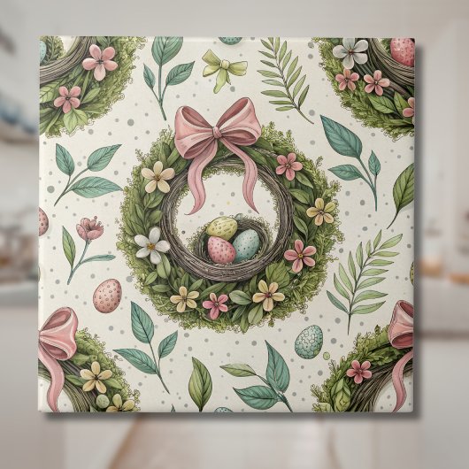 Buxus Paas Krans Roze Strik met Ei Tegeltje