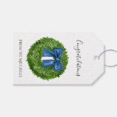 Buxusgroene krans met blauwe strik  cadeaulabel (Voorkant (Horizontaal))