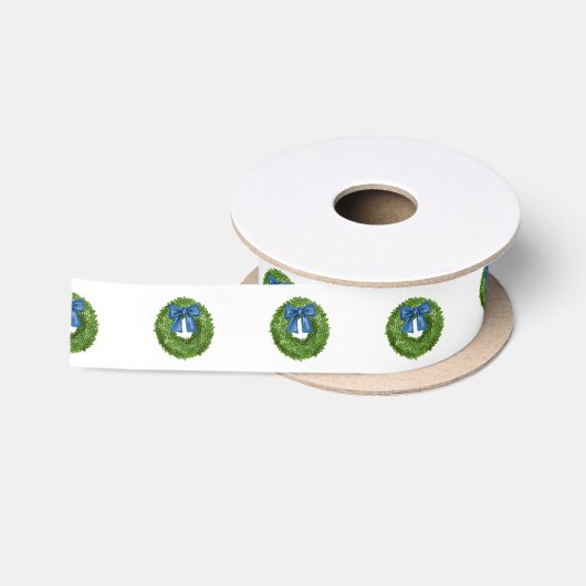 Buxusgroene krans met blauwe strik  satijnen lint (Spoel)