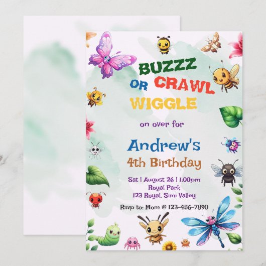 Buzz Crawl Wiggle Bug Party Natuur Thema Verjaarda Kaart (Voorkant / Achterkant)
