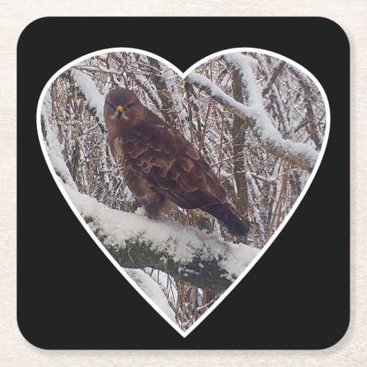 Buzzard op Sneeuwtak in Hart Onderzetter (Voorkant)