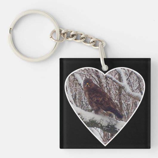 Buzzard op Sneeuwtak in Hart Sleutelhanger (Voorkant)
