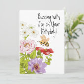 Buzzing Bee With Joy on Your Birthday Card Feestdagenkaart (Staand voorkant)