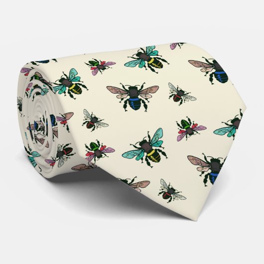 Buzzing Bijen Patroon Ecru Stropdas (Opgerold)